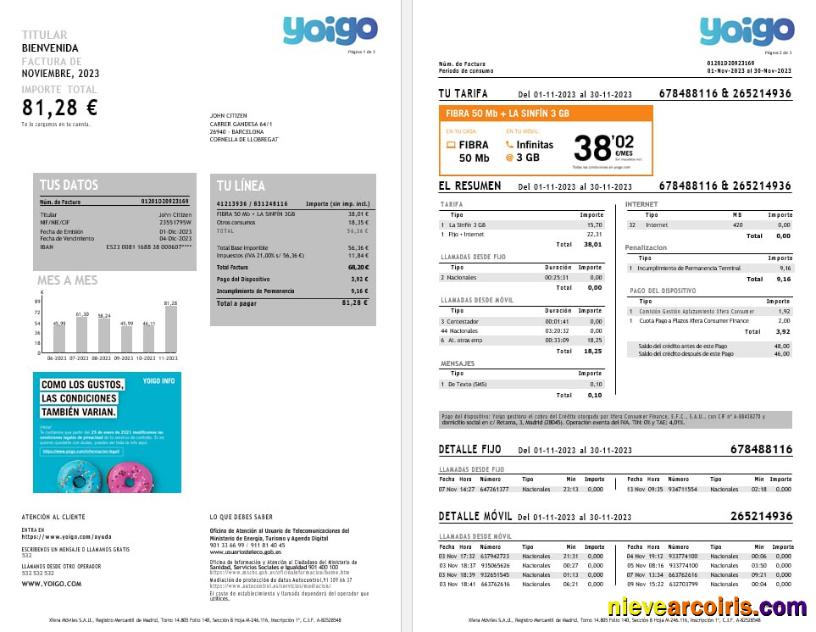 Spain Yoigo internet utility  bills, 3 pages